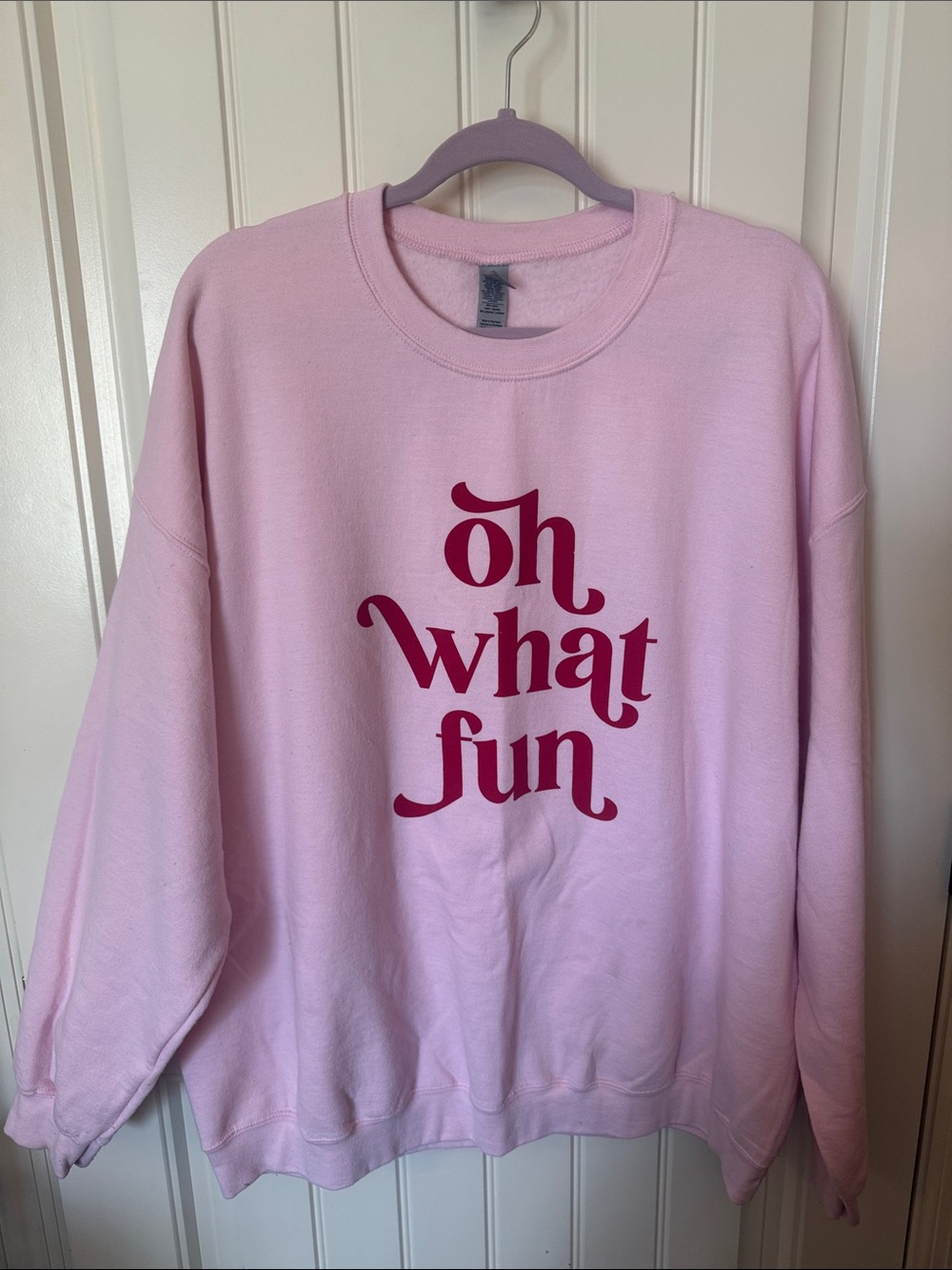 Gildan Pink Crewneck Sweatshirt with Dark Pink 'oh what fun' Graphic